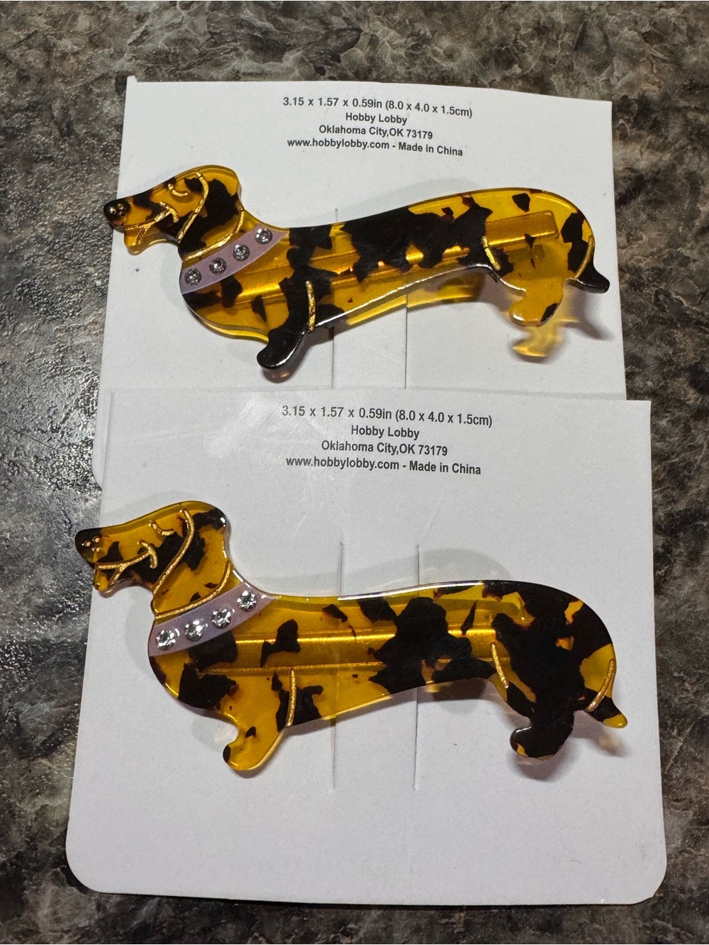 2 Faux Tortoiseshell Dachshund Dog Hair Clip - Amber Brown